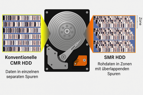 Konventionelle CMR HDD mit separten Spuren im Vergleich zu einer SMR HDD mit überlappenden Spuren