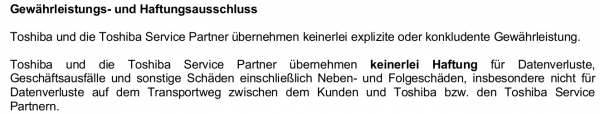 Toshiba haftet nicht bei Datenverlust